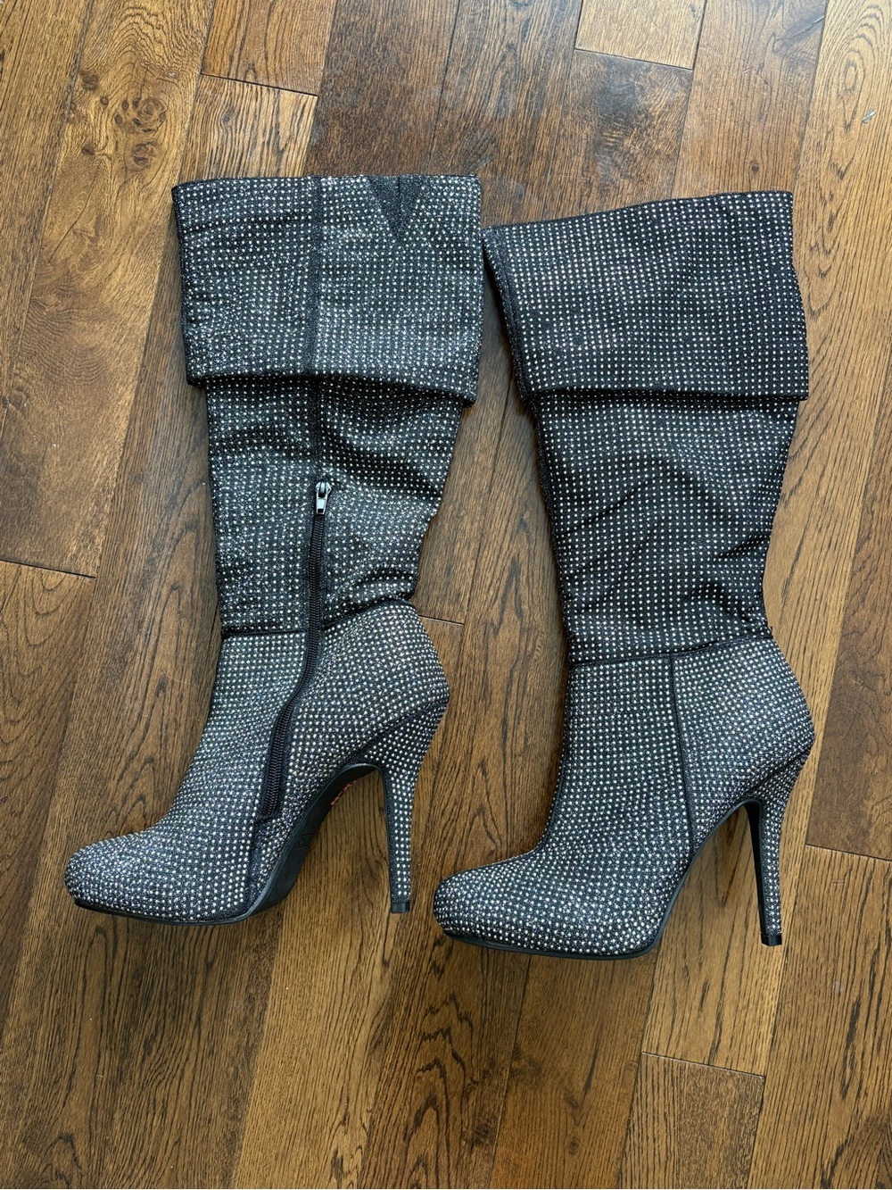 Andiamo Women's Black Rhinestone High-Heel Fold-Over Boots Size 10